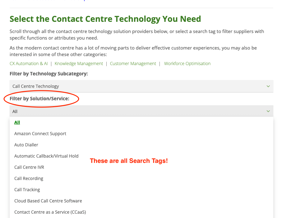 Example of Search Tags in Call Centre Technology category